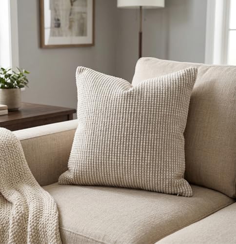 SanVia Cotton Throw Pillow Covers 20x20 – Handwoven Jacquard Texture, Fade-Resistant, No Pilling – Hidden Zipper, Decorative Cushion Cover for Sofa, Couch, Bed – Insert Not Included (Striped, Beige) - color: Oat Beige, size: 20" x 20"