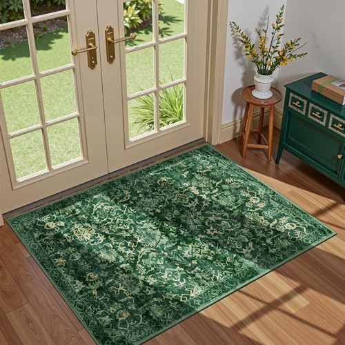 Dark Green Area Rug 2x3 Entryway Rug for Bedroom Bathroom, Non-Slip Low-Pile Washable Distressed Boho Carpet Retro Accent Doormat for Laundry Room Hallway Kitchen 24x36 Inch - color: Dark Green, size: 2'x3'