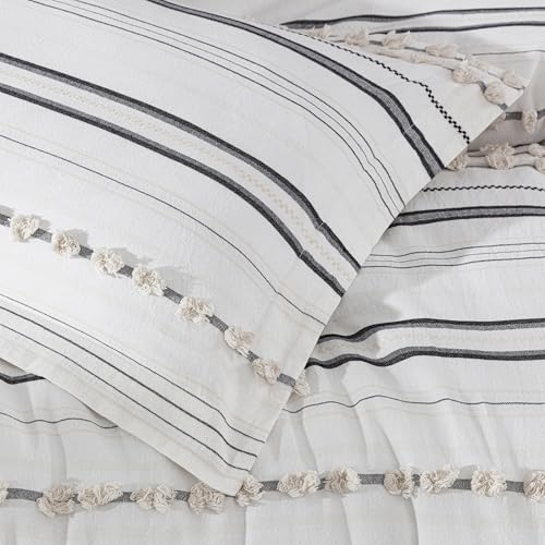 Chezmoi Collection 4-Piece Clip Jacquard Cotton Comforter Set King, Boho Chic Tufted Pompom Striped Bedding with Linen Blended Textured Pillow Cushion, Gray/White - color: Maru Gray White, size: King