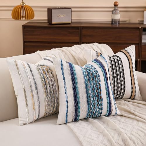 Boho Striped Throw Pillow Covers 18x18 Inch Set of 2 Farmhouse Square Decorative Pillow Covers Chenille Tufted Accent Neutral Pillowcase Black Grey Cushion Cover for Living Room Couch Sofa Bed - color: Black Grey