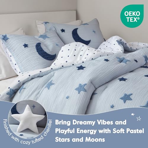 Intelligent Design Kids Cosmos Twin Size Comforter Set – Blue Star and Moon Tufted Chenille, Reversible 3-Piece Bedding with Star Pillow - color: Blue, size: Twin Comforter