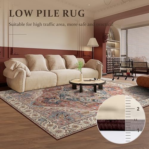 Deerly Washable Bedroom Area Rug 4x6 Indoor Thin Carpet for Living Room Boho Vintage Rug for Kitchen Entryway Dining Room Office Non-Slip Low Pile, Brickred/Multi - color: Brickred & Multi, size: 4' x 6' (Rectangular)