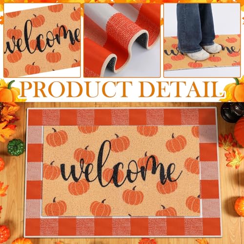 Moucuny 2 Pcs Fall Doormat Pumpkin Welcome Door Mat Outdoor Autumn Non Slip Coir Front Door Mat Orange and White Plaid Checked Rug for Fall Thanksgiving Indoor Outdoor Porch Entrance Layering Decor - style: Pumpkin