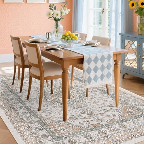 Beige & Orange Farmhouse Nursery Rugs 5x7, Neutral Stain Resistant & Non Slip Washable Cottage Area Rug for Living Room, Bedroom, Large Entryway, Dining Room Under Table - Faux Wool Distressed Print - color: Beige/Orange/Grey, size: 5' x 7' (Rectangular)