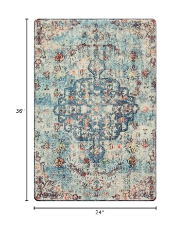 Lahome Reine Bohemian Floral Medallion Area Rug - 2x3 Vintage Teal Distressed Small Entryway Rug Turkish Doormat Faux Wool Non-Slip Washable Low-Pile Carpet for Bathroom Kitchen Laundry Room Decor - color: Vintage Teal/Multi, size: 2' x 3' (Rectangular)