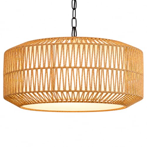 Large Handwoven Rattan Pendant Light, Boho Wicker Chandelier for Dining Room & Kitchen Island, Dimmable Hanging Ceiling Lamp with Warm White, Cool White & RGB Ambient Lighting, 21.7"