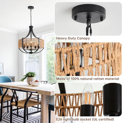 20" Rattan Farmhouse Chandelier Light Fixtures,5-Light Rustic Rattan Pendant Lighting with Woven Wicker Shade Boho Black Hanging Ceiling Light for Dining Room Living Room Kitchen Island Bedroom - color: V-Weave Round Rattan, size: 5 light 20 inches