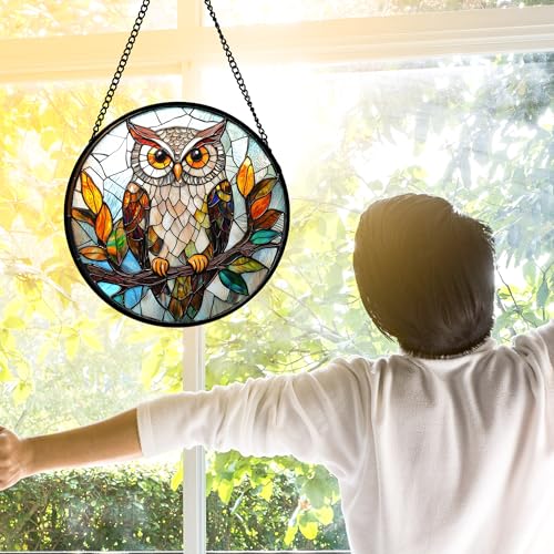 DASTOLL Stained Glass Window Hanging, Owl Colorful Leaves Birds Sun Catchers Diamond Glass Panel Hangings Suncatcher Decor for Birthday for Women, Men, Wife, Aunt, and Mom 6.3 in - color: Brown, size: 6.3x6.3 IN