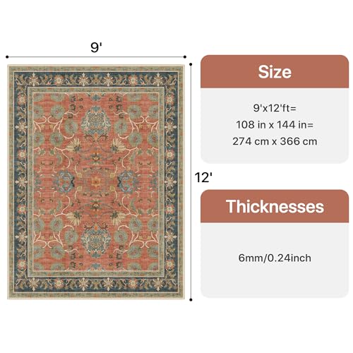 Bavni Floral Area Rugs 9x12, Vintage Accent Living Room Rug, Distressed Washable Rug Non Slip Stain Resistant, Low Pile Thin Soft Coral Blue Large Carpet for Bedroom, Dining Room, Home Office, Nursery - color: Coral Blue, size: 9' x 12' (Rectangular)