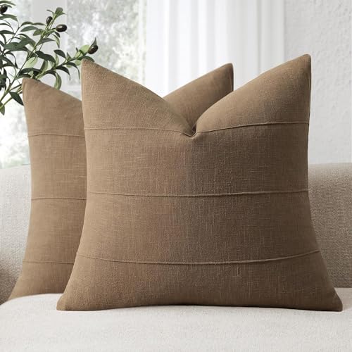 ZWJD Decorative Linen Throw Pillow Covers 26x26 Set of 2 Solid Handcrafted Striped Cushion Covers for Bed Soft Modern Farmhouse Neutral Pillowcase for Couch Bedroom Living Room Home Decor(Coco Brown) - color: Coco Brown, size: 26" x 26" (Pack of 2)