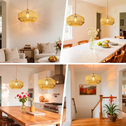 Hanging Light Ceiling Lamp Pendant Lights Rattan Hanging Lamp with Plug in Cord for Living Room Bedroom Kitchen Indoor Hanging Lamp Plug in Woven Lampshade - size: 11.8 Inch - Pumpkin Shade