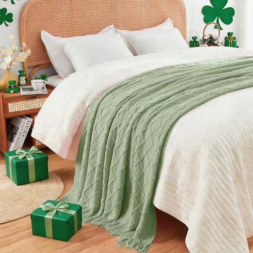 inhand Basil Green Knitted Throw Blanket for Couch and Bed, St. Patrick’s Day Lucky Spring Gifts Throw for Her or Him, Soft Farmhouse Woven Blanket with Tassel, Lightweight Decorative, 60"x80" - color: Basil, size: 60"x80"