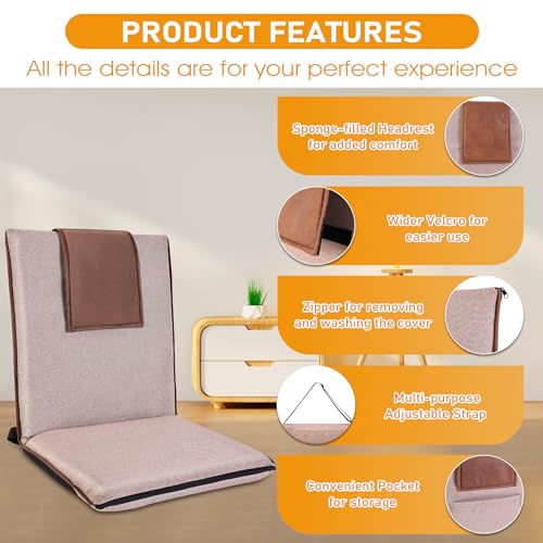 Floor Chair with Back Support 14-Position Adjustable Floor Chair Portable Ground Seating for Adults & Kids Foldable Meditation Seat with Japanese KOYO Bearings & Washable Linen Cover (Coffee) - color: Coffee & Brown, style: Regular
