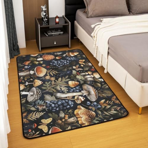 Erosebridal Mushroom Area Rug 6'6" x 4'11" Butterfly Living Room Rugs Nature Leaves Botanical Decorative Carpet Vintage Daisy Blueberry Indoor Floor Mat - color: Black Brown, size: 4'11" x 6'6" (Rectangular)