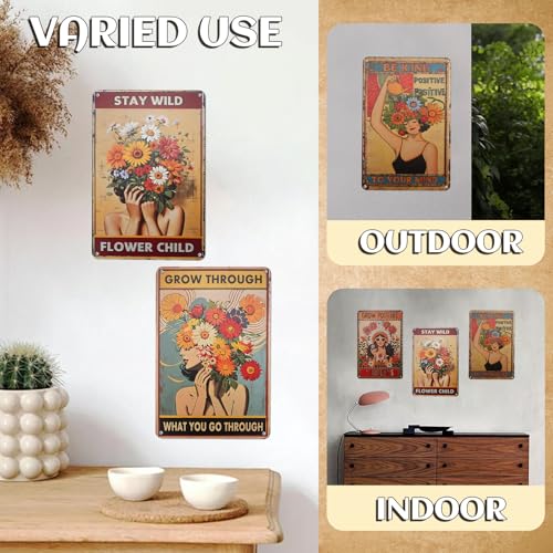 4PCS Vintage Tin Metal Sign, Boho Inspirational Wall Art Signs Decor, Flower Hippie Metal Poster Retro Signs for Gifts Women Office Bedroom Kitchen Living Room Cafes Bar Public 8x12 Inch (Tin Sign01) - color: Tin Sign01