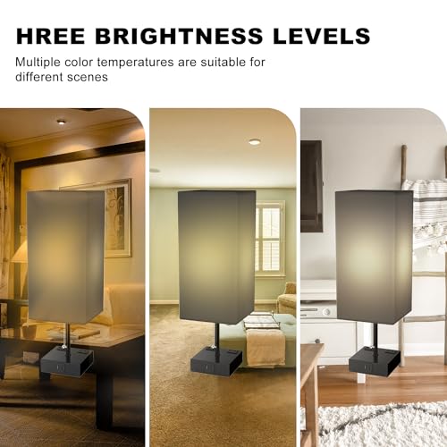 YIDPU Table Lamp for Bedroom with USB,Bedside Lamp with USB C+A Charging Ports,Adjustable 3color LED Light for Home Decor/Nightstand/Office,Included Bulb and Fabric Lamp Shade (Linen Black, 1PCS) - color: Linen Black, size: 1PCS