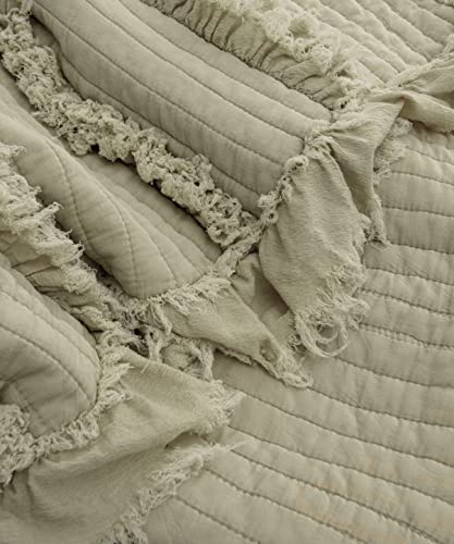 Ultra Soft Pre-Washed Quilted Throw Blanket, Ruffle Fringed Olive Green Decorative Throw, Sage Green Stone Washed Chic Rustic Blanket for Sofa Couch Bed, 50"x 60" - color: Green, size: 50"x60"