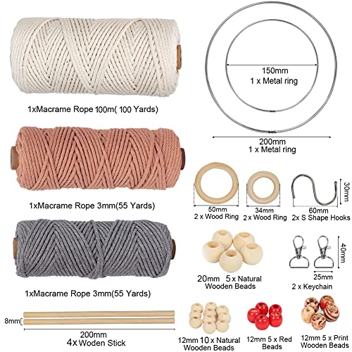 UHAPEER Macrame Kits for Adults Beginners with 656 Feet 3 mm Macrame Cotton Cord, DIY Macrame Plant Hanger Kit with Macrame Supplies and Instructions, Macrame Meads, Wooden Rings, Dream Catcher Rings - color: Beige Pink & Grey