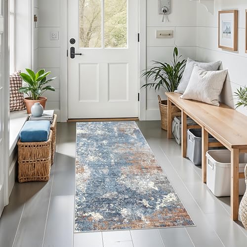 2x4 Runner Rug Washable Non-Slip – Small Throw Rug for Kitchen Floor, Bedroom, Entryway, Bathroom, Bedside – Modern Abstract Neutral Low-Pile Thin Indoor Door Mat（Blue Rust,2x4） - color: Blue Rust, size: 2' x 4' (Rectangular)