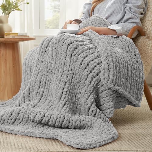 Amélie Home Chunky Knit Throw Blanket for Couch, Soft Chenille Handmade Crochet Throw Rope Knit Blanket for Bed, 40"x50", Light Grey - color: Light Grey, size: 40"x50"