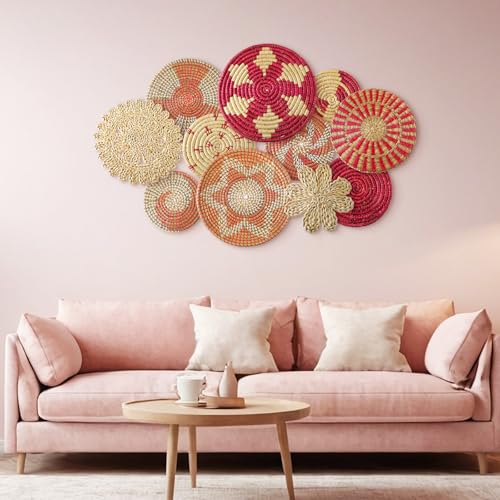 Tatuo 11 Pcs Boho Wall Basket Decor Bulrush Woven Wall Hanging Art Round Farmhouse Rustic Handmade Wicker for Summer Home, Bedroom, Living Room, Kitchen Decorations, Multi Sizes(Pink) - style: Pink