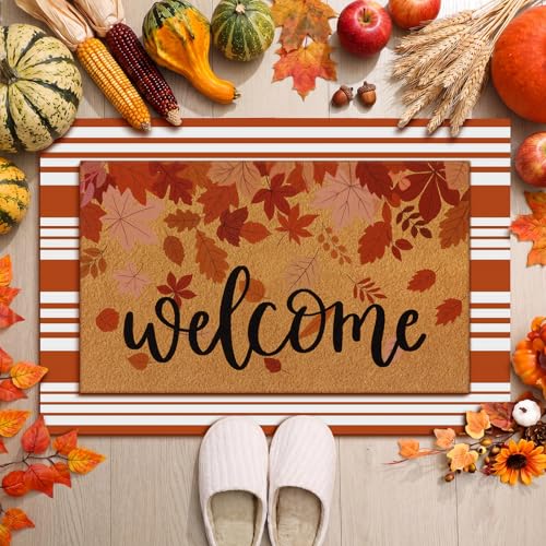 Moucuny 2 Pcs Fall Doormat Welcome Door Mat Outdoor Autumn Non Slip Coir Front Door Mat Orange and White Plaid Checked Rug for Fall Thanksgiving Indoor Outdoor Porch Entrance Decor (Maple Leaves) - style: Maple Leaves