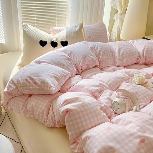 Nanko Pink Gingham Duvet Cover Full Size, 3 pcs Plaid Checked Grid Heart Pattern Printed Microfiber Bedding Comforter Cover Set, All Season Soft Geometric Quilt Cover for Girl 80x90 inch - color: Cover(no Comforter)-pink Plaid, size: Full