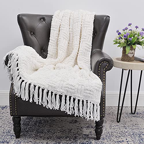 Home Soft Things Cable Knitted Throw Blankets 50'' x 60", White, Soft Cozy Fluffy Decorative Throw with Tassels Couch Bed Sofa Cover Throw Blankets - color: Antique White, size: 50" x 60"