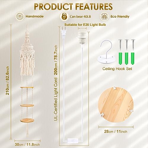 ANROYE 3-Tier Cotton Macrame Hanging Light Fixture Shelf, Boho Corner Pendant Lamp Shade Shelves, Farmhouse Ceiling Plant Hanger Indoor Decor for Women Bedroom Christmas Gift