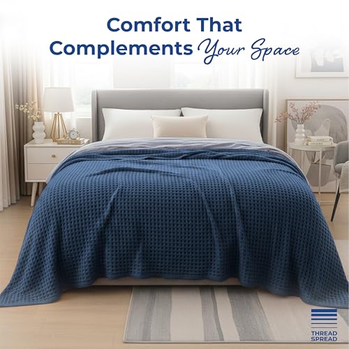 THREAD SPREAD 100% Cotton Waffle Twin Size Blanket for Bed - Soft Lightweight Breathable Waffle Weave Twin Blanket for All Season, Textured Throw Blankets for Bed, Sofa, Hotel, Hospital - Navy Blue - color: Waffle - Navy Blue, size: Twin / Twin XL