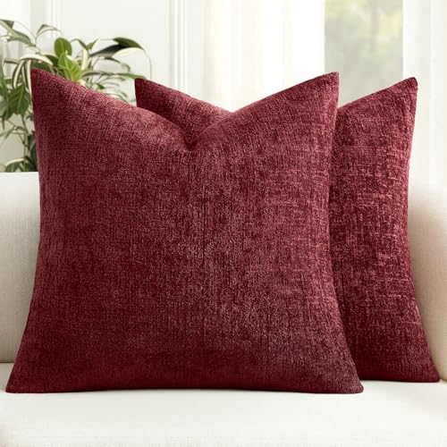 MIULEE Decorative Throw Pillow Covers 18x18 Pack of 2 Burgundy Couch Pillow Covers Soft Cozy Textured Chenille Pillowcases for Home Decor Sofa Living Room Cushion Bedroom - color: Burgundy, size: 18" x 18" (Pack of 2)