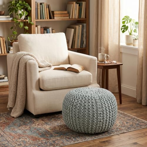 BIRDROCK HOME Round Pouf Ottoman Foot Rest - 18.5”x18.5”x15” Boho Compact Comfortable Soft Cotton Braided Foot Stool with Bean Bag Filling for Living Room, Bedroom, or Nursery (Sage Green) - color: Sage Green