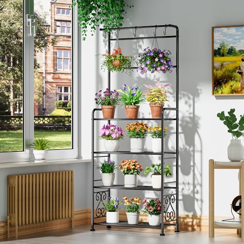 Plant Stand Indoor Outdoor Heavy Duty Metal - 68.4" Tall 4-Tier Shelf for Multiple Plants, Flowers, Rustproof Black Storage Rack for Patio, Balcony, Living Room, Garden, Includes Hooks&Adjustable Feet - size: A-4Tier-2Hanger