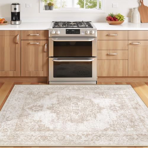 Area Rug 3x5 Vintage Rug: Washable Indoor Medallion Rug Low Pile Distressed Floor Carpet Retro Accent Doormat for Bedroom Bathroom Hallway Kitchen Home Office(Beige, 3'x5') - color: Beige, size: 3' x 5' (Rectangular)