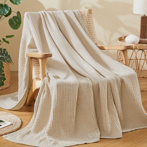 EMME Cotton Muslin Throw Blanket Couch Breathable Gauze Soft Lightweight Bed Blankets Adults (Heather Beige, 50"x60") - color: 03 - Beige, size: Throw (50" X 60")