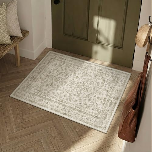 PureCozy Taupe 2x3 Entryway Rug Vintage Area Carpet Indoor Kitchen Washable Door Mat Entrance Small Low Pile Traditional Distressed Retro Accent Throw Rug Non Slip Office Bathroom - color: Neutral Taupe, size: 2' x 3' (Rectangular)