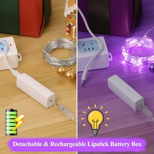 Lakumu 16FT(5M) Purple Fairy Lights, Rechargeable Battery Operated String Lights with Timer, 8 Modes Waterproof Mini LED Twinkle Lights for Bedroom Christmas Wedding Vine Centerpiece Table Decor - color: Purple, size: 16FT