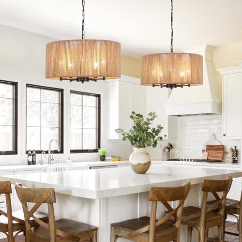 5-Light Boho Rattan Chandelier, 19'' Large Farmhouse Chandeliers Hand Woven Rattan Pendant Light Fixture, Black Wicker Chandelier for Dining Room Foyer Entryway Hallway Bedroom Kitchen Living Room - color: 5-Light Black
