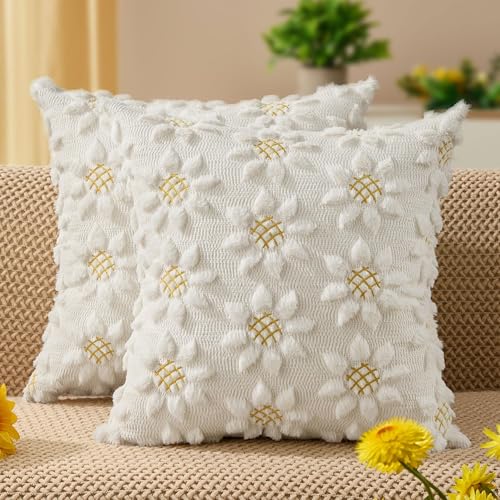 DFXSZ Spring Summer Pillow Covers 18x18 inch Set of 2 Farmhouse Decor Yellow Color Flower Heart Sunflower Soft Plush Faux Fur Jacquard Throw Pillows for Sofa Holiday Spring Home Decor PTK024C18 - color: Cream White, size: 18" x 18" (Pack of 2)