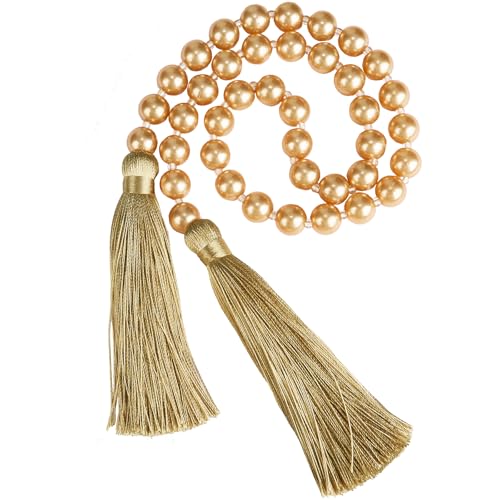 34 Inch Pearl Glass Bead Garland with Tassels - Elegant Boho Table Decor, Fringe Wall Hanging for Wedding, Party, Farmhouse Rustic Prayer Bead Home Decoration(1 Pack,Gold) - color: Gold, size: 1 Pack