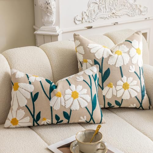 vctops Boho Floral Tufted Decorative Throw Pillow Cover Botanical Embroidered Cotton Cushion Cover for Couch Sofa Bed (Flower E,18"x18") - color: Flower E, size: 18" x 18" (Pack of 1)