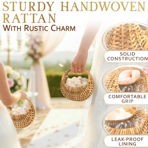 Flower Girl Basket Set of 2 - Charming Rattan with Waterproof Lining, 6.3 x 5.12 x 3.75 Inch - Small Wicker Basket with Handle for Wedding Flower Petals, Confetti, Candy, Gift, Storage & Home Decor - color: Brown
