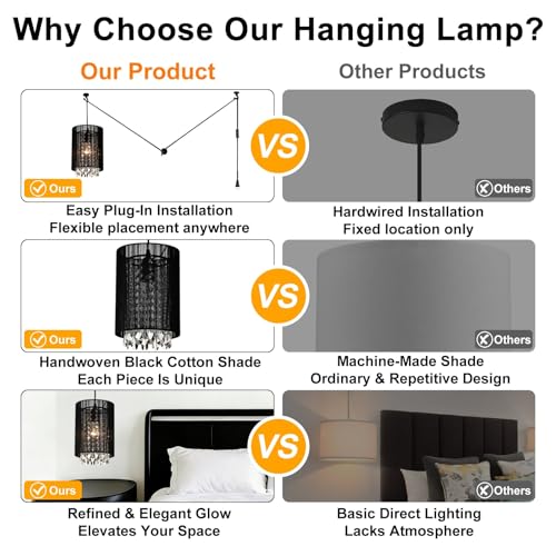 LaLuLa Mini Crystals Plug in Pendant Light,1-Light Hanging Lamps for Living Room Plug in,Bedrooms,Girls Room,Vanity,Playhouse,Closet - color: Black, size: 7"