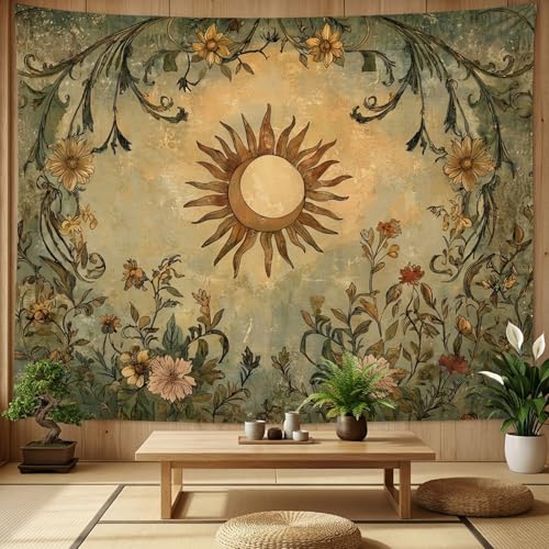 Lifeel Vintage Sun and Moon Tapestry, Boho Retro Green Plant Aesthetics Tapestries for Living Room Dorm, 36x48 inches - color: cream, size: 48"L x 36"W