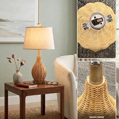 Hamilyeah 23" Farmhouse Table Lamp with Bulb Included and USB Charging Ports, Boho Bedside Lamp with Fabric Shade, Woven Rattan Nightstand Lamp for Bedroom, Living Room, Office - color: Wood