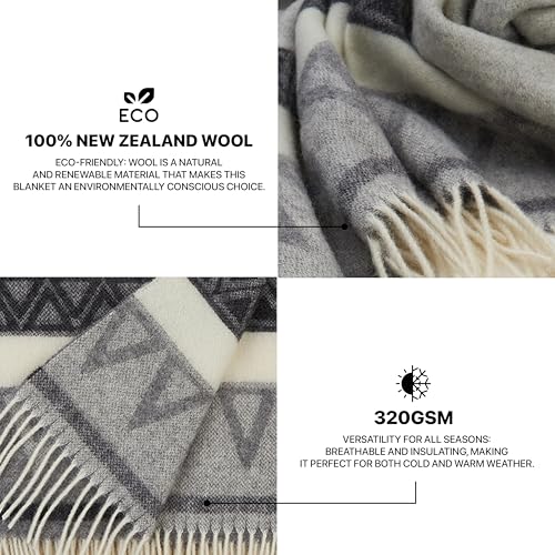 | Wool Blanket/Throw | 100% New Zealand Wool | Perfect for Home and Outdoors | Virgin Wool Throw with Fringes 67"x79" (170 x 200 cm) - color: Gray Geometry, size: Queen