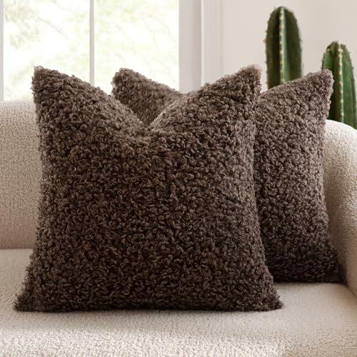 MIULEE Pack of 2 Faux Fur Chocolate Throw Pillow Covers 18x18 Inch Boucle Decorative Sherpa Pillow Covers Fuzzy Accent Soft Sheepskin Fleece for Boho Home Decor Sofa Living Room Couch Bed - color: Chocolate, size: 18" x 18" (Pack of 2)