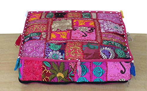 CRAFT KALA Indian Square Patchwork Traditional Pouf Cover Indian Living Room Poufs Decorative Embroidered Designer Ottoman Home Living Footstool Chair Cover Decor Pillow Cover 18x18x5 inches, Pink - color: Pink, size: 18"D x 18"W x 5"H