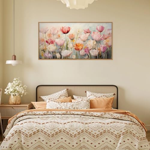 HPNIUB Large Nature Wildflowers Framed Wall Art Pink Floral Canvas Oil Painting Modern Aesthetic Wall Decor Abstract Flower Artwork for Living Room Bedroom Decor -20"x40" - color: Pink Wildflowers Wall Art, size: 40"L x 20"W
