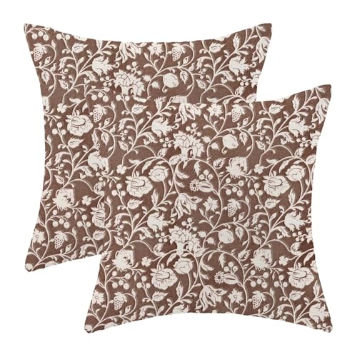 Brown Floral Throw Pillow Covers 18x18 Set of 2, Flower Print Linen Decorative Pillow Covers Neutral Vintage Decoration Outdoor Cushion Cover Floral Pillowcase for Sofa Couch Farmhouse Room - color: Print Brown, size: 18" x 18" (Pack of 2)